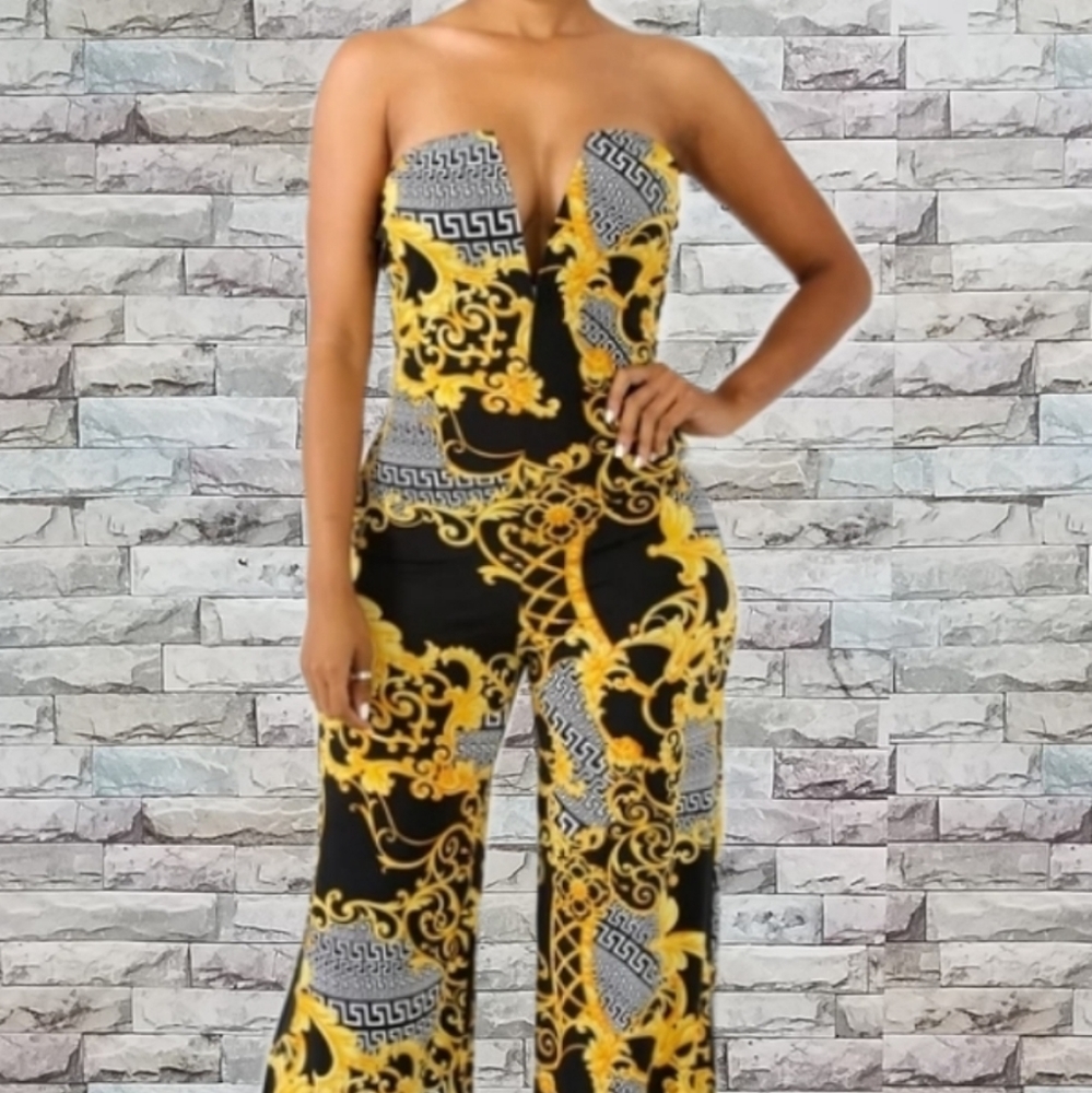 Deep V Multi Print Jumpsuit